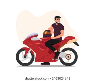 Vector illustration of a handsome motorcyclist.Cartoon scene of a bearded motorcyclist in black pants,burgundy t-shirt,holding a helmet, sitting on a motorcycle,side view isolated on white background.