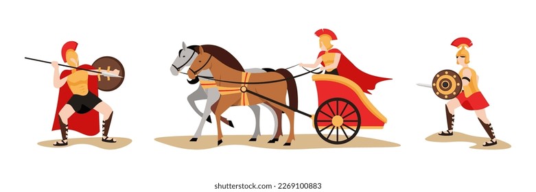 Vector illustration of handsome Persian warriors on white. Charming characters of ancient warriors: throwing a spear, riding in a chariot with horses, with a shield and a spear in a cartoon style.