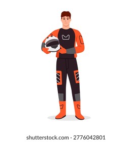  Vector illustration of a handsome racer in gear. Cartoon scene of a young tall racer in overalls, gloves, boots, holding a protective helmet isolated on a white background. Motorsport, autosport.