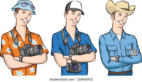 Vector illustration of handsome tourist photographer and cowboy arms crossed. Easy-edit layered vector EPS10 file scalable to any size without quality loss. High resolution raster JPG file is included