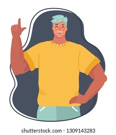 Vector illustration of Handsome young man holding up his index finger and giving advice. Attractive manager speaking.