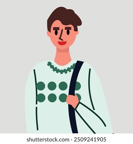 Ilustración vectorial de joven guapo con una mano que sostiene la correa del bolso