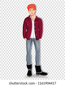 Vector illustration of handsome young redhead man wearing casual clothes keeping hands in the pockets of jeans isolated on transparent background. Adorable full length student boy clip art character