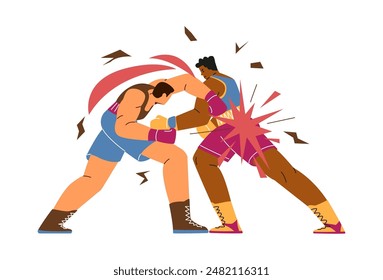 Una Ilustración vectorial de combate cuerpo a cuerpo con boxeadores masculinos, usando guantes deportivos y el equipo necesario, que es ideal para el contenido de artes marciales.