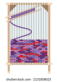 Vector illustration - hand-woven carpet weaving loom - wooden frame with multicolored threads close-up isolated. Concept - needlework and hobbies