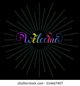 Vector illustration of handwriting inscription welcome with burst