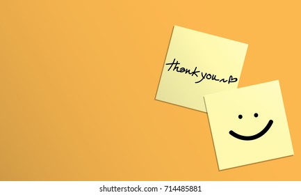 Vector illustration of handwriting of message "thank you", heart shape and smile face on yellow sticky note on yellow background. Vector illustration background.