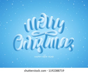 Vector illustration: Handwritten 3D calligraphic lettering of Merry Christmas on blue snowy background