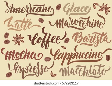 Vector illustration. Handwritten brown calligraphic coffee names with beans and anise stars on beige background. Concept for poster, menu, adv, card.