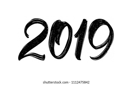Vector illustration: Handwritten brush ink lettering of 2019. Happy New Year. Chines calligraphy
