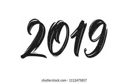 Vector illustration: Handwritten brush lettering of 2019. Happy New Year. Chines calligraphy