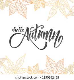 Vector illustration: Handwritten brush lettering  of Hello Autumn on hand drawn leaves background. Outline sketch design