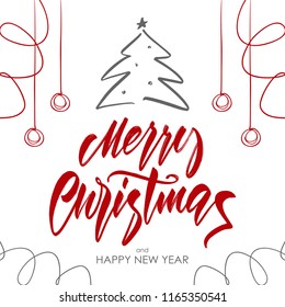 Vector illustration: Handwritten brush lettering of Merry Christmas with Christmas tree and decoration on white background.
