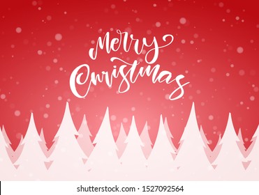 Vector illustration: Handwritten brush lettering of Merry Christmas with snowy pine forest on red winter background.