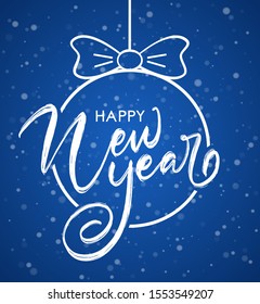 Vector illustration. Handwritten brush lettering composition of Happy New Year on snowfall background