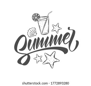 Vector illustration: Handwritten brush lettering of Summer with hand drawn beach elements. Starfish, shells and lemonade.