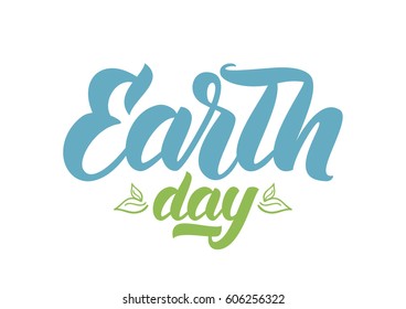 Vector illustration. Handwritten brush lettering of Earth Day with Hand drawn leaves on white background.