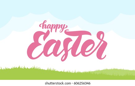 Vector illustration. Handwritten brush lettering of Happy Easter on spring field background.