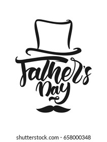 Vector illustration: Handwritten brush lettering of Happy Fathers Day with a mustache and hat.