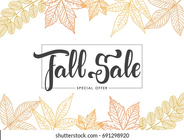 Vector Illustration: Handwritten Brush Lettering Of Fall Sale On Foliage Background. Discount Special Offer.