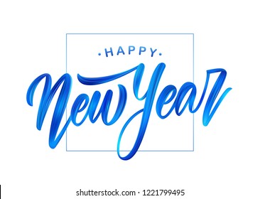 Vector illustration: Handwritten brush stroke blue acrylic paint lettering of Happy New Year