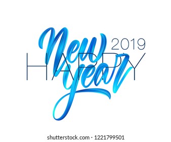 Vector illustration: Handwritten brush stroke blue acrylic paint lettering of Happy New Year 2019