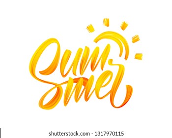 Vector illustration: Handwritten brush stroke yellow acrylic paint lettering composition of Summer with Sun