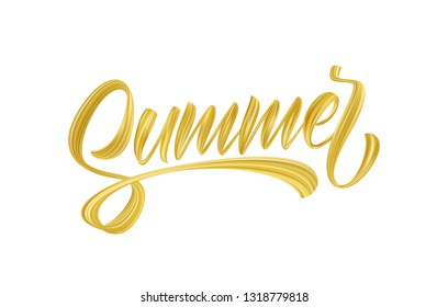 Vector illustration: Handwritten brush stroke golden acrylic paint lettering of Summer on white background