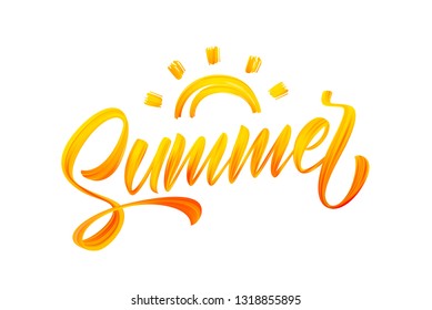 Vector illustration: Handwritten brush stroke yellow acrylic paint lettering of Summer with Sun