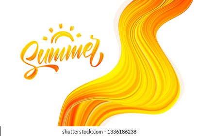 Vector illustration: Handwritten brush stroke acrylic paint lettering of Summer with Sun on abstract flow background.