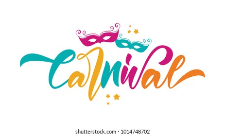 Vector illustration: Handwritten brush type lettering of Carnival with masks