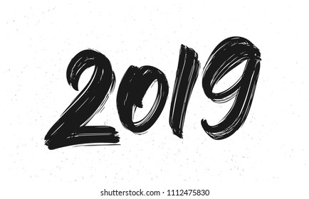 Vector illustration: Handwritten brush type lettering of 2019. Happy New Year. Chines calligraphy