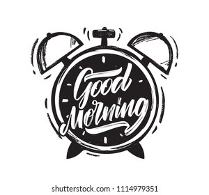 Vector illustration: Handwritten brush type lettring of Good Morning with hand drawn Alarm Clock on white background