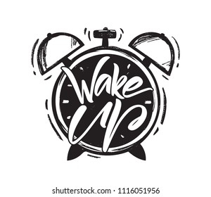 Vector illustration: Handwritten brush type lettring of Wake Up with hand drawn Alarm Clock on white background