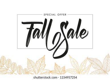 Vector Illustration: Handwritten Brush Type Lettering Of Fall Sale In Frame On Foliage Background. Discount Special Offer.