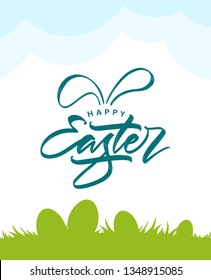 Vector illustration: Handwritten brush type lettering of Happy Easter with bunny ears on spring field background.