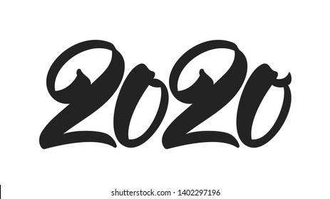 Vector illustration: Handwritten brush type lettering for 2020 New Year. Black hand drawn number on white background. Typography design