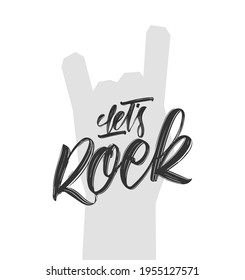 Vector illustration: Handwritten brush type lettering of Let's Rock on Heavy metal hand gesture background