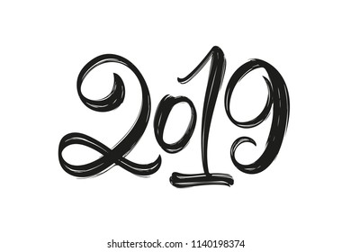 Vector illustration: Handwritten calligraphic brush lettering of 2019 on white background. Happy New Year.