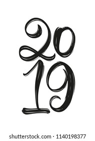 Vector illustration: Handwritten calligraphic brush lettering of 2019. Happy New Year. 