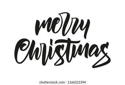 Vector illustration. Handwritten calligraphic brush lettering of Merry Christmas on white background. 