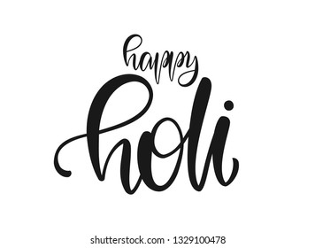 Vector illustration: Handwritten calligraphic brush lettering of Happy Holi on white background 