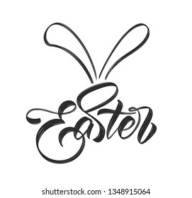 Vector illustration. Handwritten calligraphic brush type lettering of Happy Easter with bunny ears.