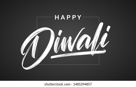 Vector illustration: Handwritten calligraphic brush lettering of Happy Diwali on chalkboard background 