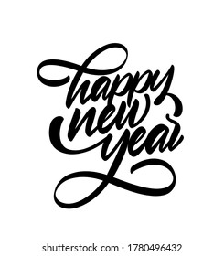 Vector illustration. Handwritten calligraphic brush type lettering of Happy New Year on white background.