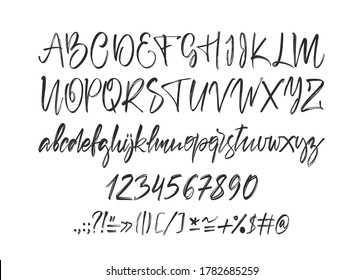Vector illustration: Handwritten calligraphic brush Font. English Alphabet letters on white background. Numbers and punctuation.