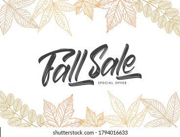 Vector illustration: Handwritten calligraphic brush lettering of Fall Sale on foliage background. Discount special offer.