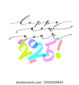 Vector illustration. Handwritten calligraphic brush lettering composition of Happy New Year 2025 on white background.