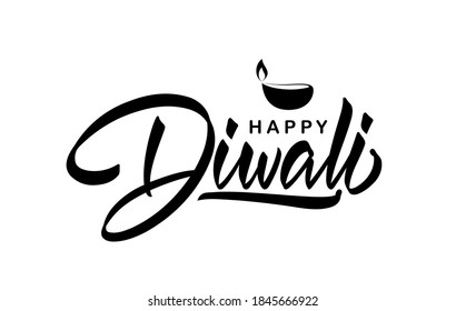  Vector illustration. Handwritten calligraphic lettering type composition of Happy Diwali with lamp.