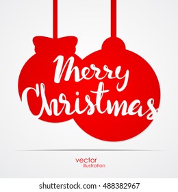 Vector illustration: Handwritten Calligraphic lettering of Marry Christmas on Christmas balls background.